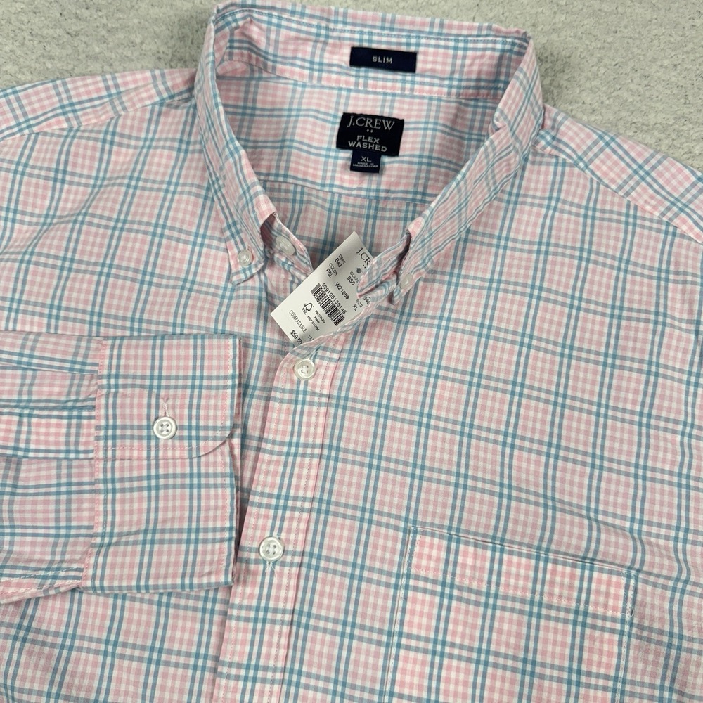 J Crew Shirt Men XL Slim Flex Washed Button Front Pink‎ Blue Plaid Stretch NWT